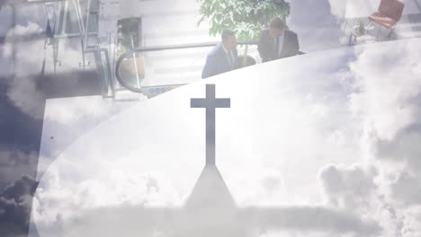 near escalator, two people talking with cross silhouette in bright setting