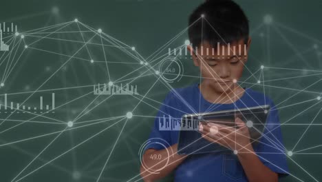 Animation-of-data-and-network-of-connections-over-biracial-schoolboy-using-tablet