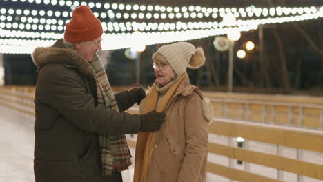 elderly couple ice skating at night