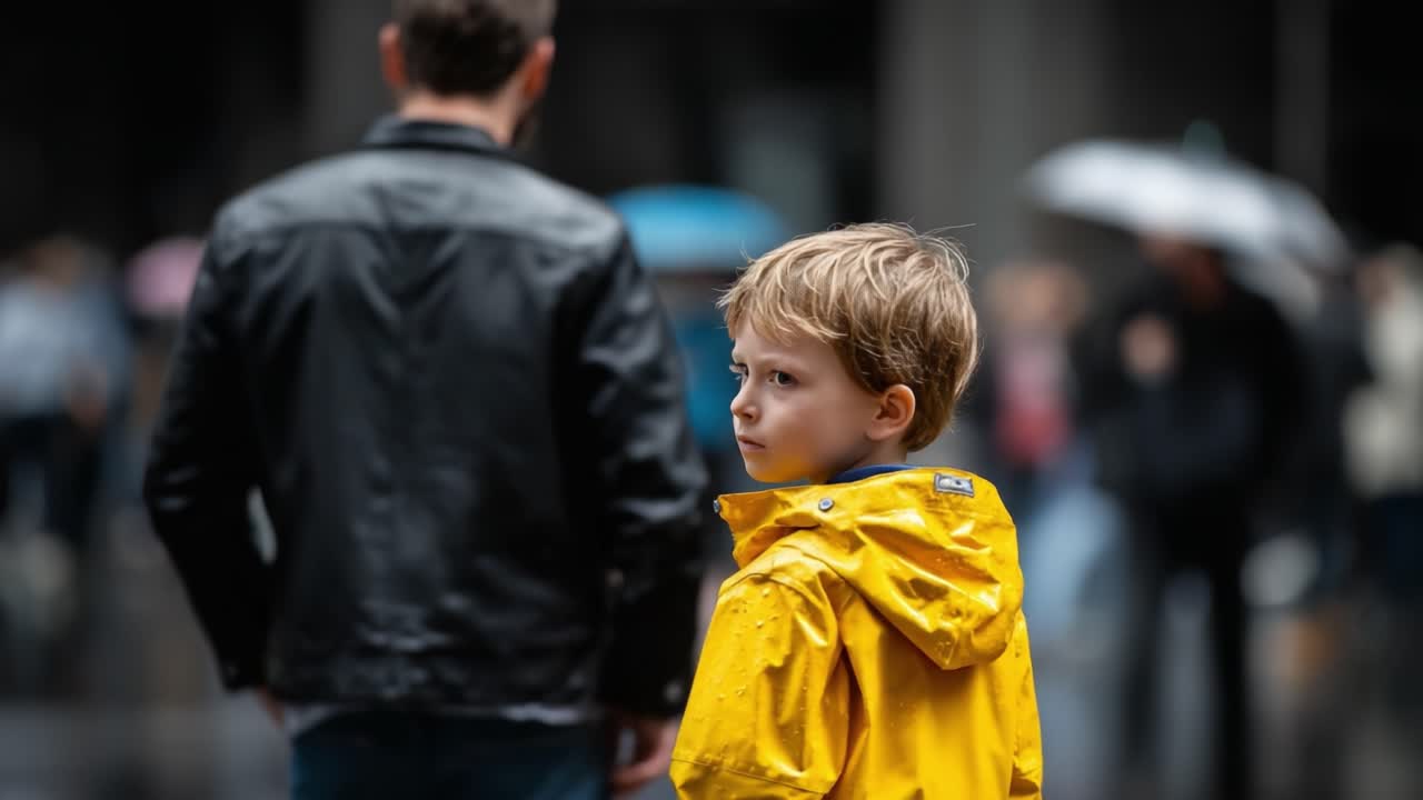 A Classic Moment Captured in Rain: A Young Child in a Bright Yellow Raincoat Stands Close to an Adult, Both Navigating Through a Busy City Street on a Rainy Day