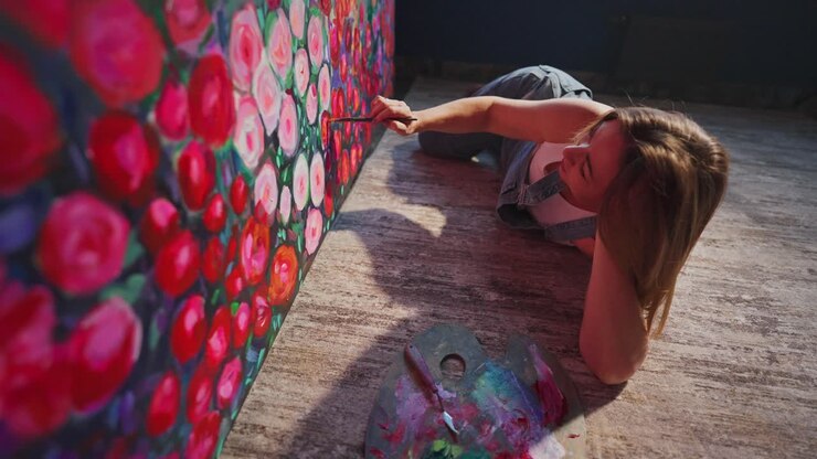 Junge Künstlerin liegt auf dem Boden und bemalt eine florale Leinwand