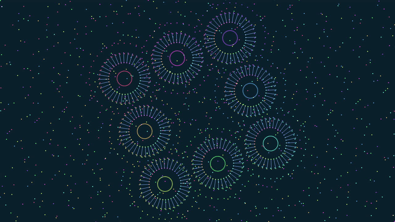 Colorful circular patterns of varying sizes and brightness created from dots on a dark background, forming a symmetrical and visually intriguing design