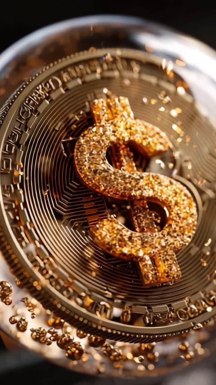 Uno splendido primo piano di un segno del dollaro d'oro scintillante su una moneta di criptovaluta, che mostra dettagli intricati e texture scintillanti in un ambiente high-tech