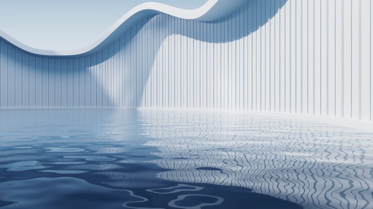 Water surface with white building background, 3d rendering.