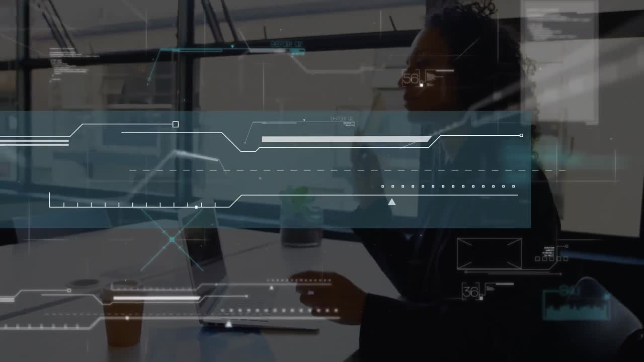 Animation of financial data processing over businesswoman using tablet