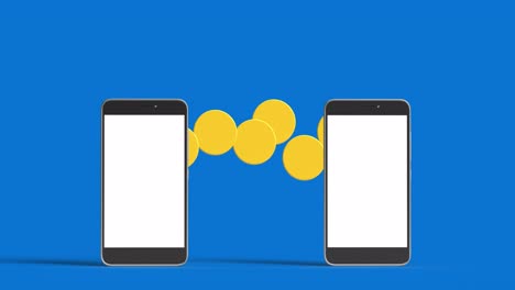dos pantallas de teléfono inteligente transfiriendo monedas de dinero con aplicación móvil inalámbrica.