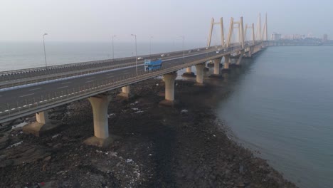 a drone shot at bandra worli sea link seen from an aerial view in slow motion