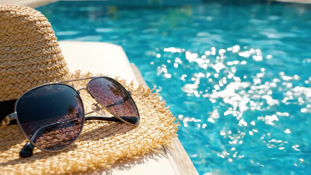 Entspannende Sommermomente am Pool: Ein stilvoller Strohhut und eine Sonnenbrille stehen für Freizeit und Sonnenschein und laden dazu ein, die Wärme und Gelassenheit des Wassers zu genießen.