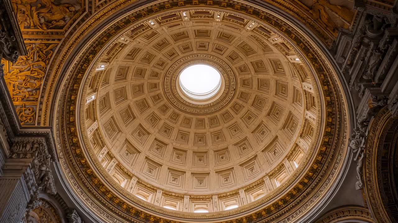 Ascending camera revealing coffered dome and sculptural reliefs in basilica, highlighting oculus