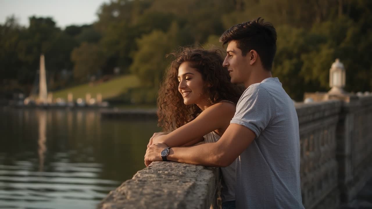 Casal parado se apoiando no parapeito do lago, desenho de luz, homem com relógio, mulher de regata, barco à vela
