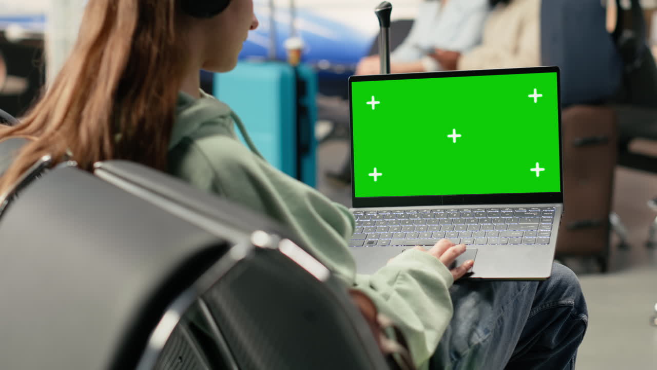 Wanita Muda Menggunakan Laptop dengan Layar Hijau di Area Tunggu Bandara