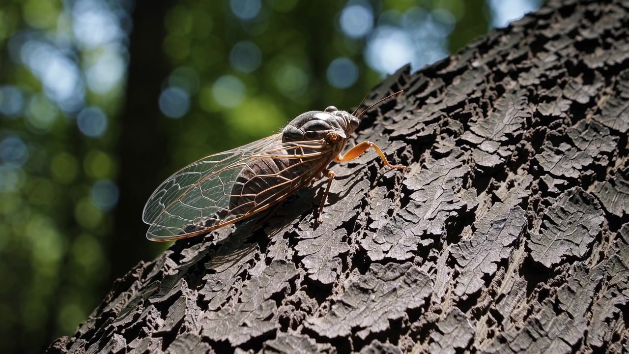 Close-up of a Cicada Resting on Tree Bark in a Forest