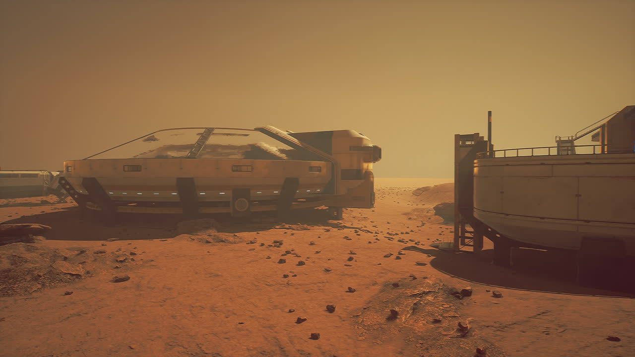 A futuristic Mars base with a spacecraft and buildings on a red desert landscape.