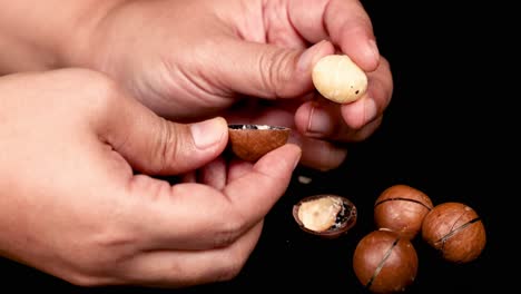 las manos rompiendo y revelando nueces de macadamia