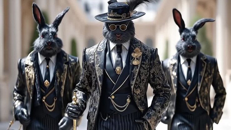 Un gruppo di tre conigli vestiti con abiti e cappelli
