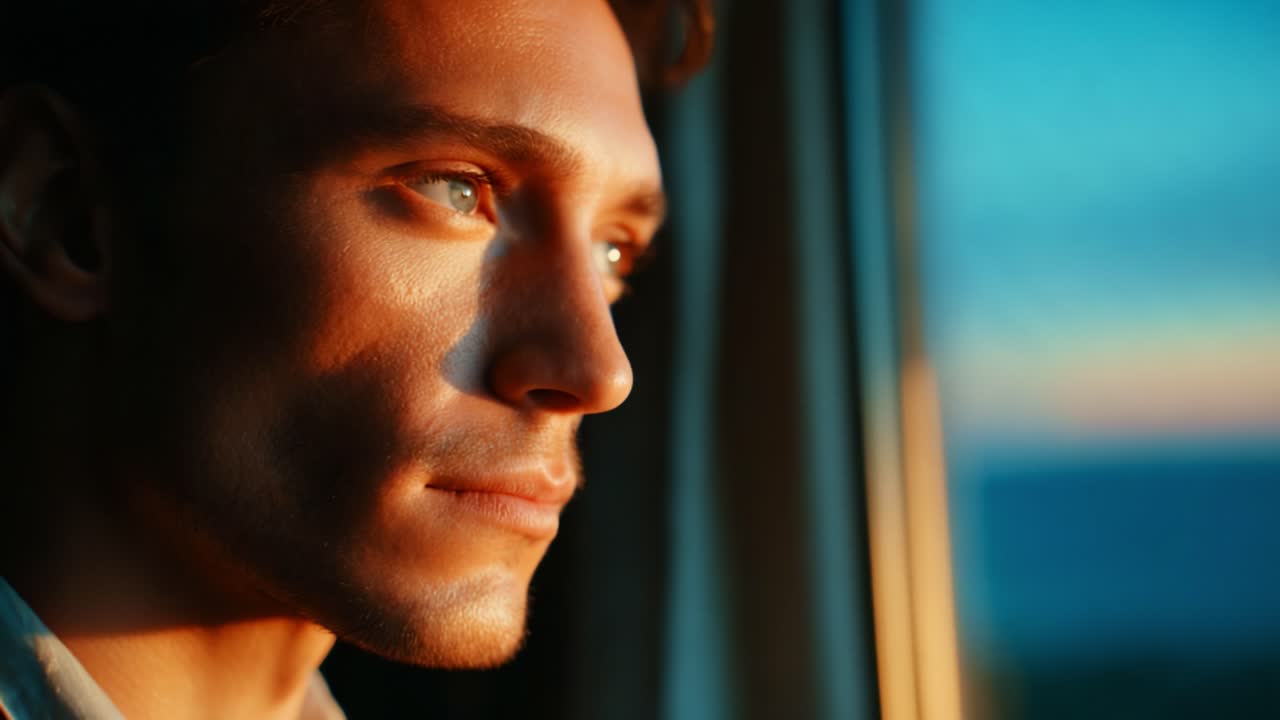 A contemplative gaze of a young man with glasses illuminated by warm sunset hues, reflecting deep thoughts and emotions while gazing out of a window into the horizon, capturing a moment of quiet introspection