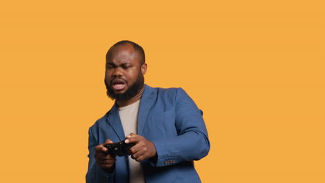 gamer showing thumbs up excited to do gaming, studio background