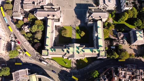 Trinity-college-in-Dublin,-aerial-drone-fly-over-birds-eye-view