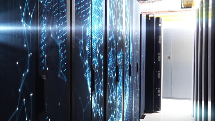 Animation of moving shapes over server room