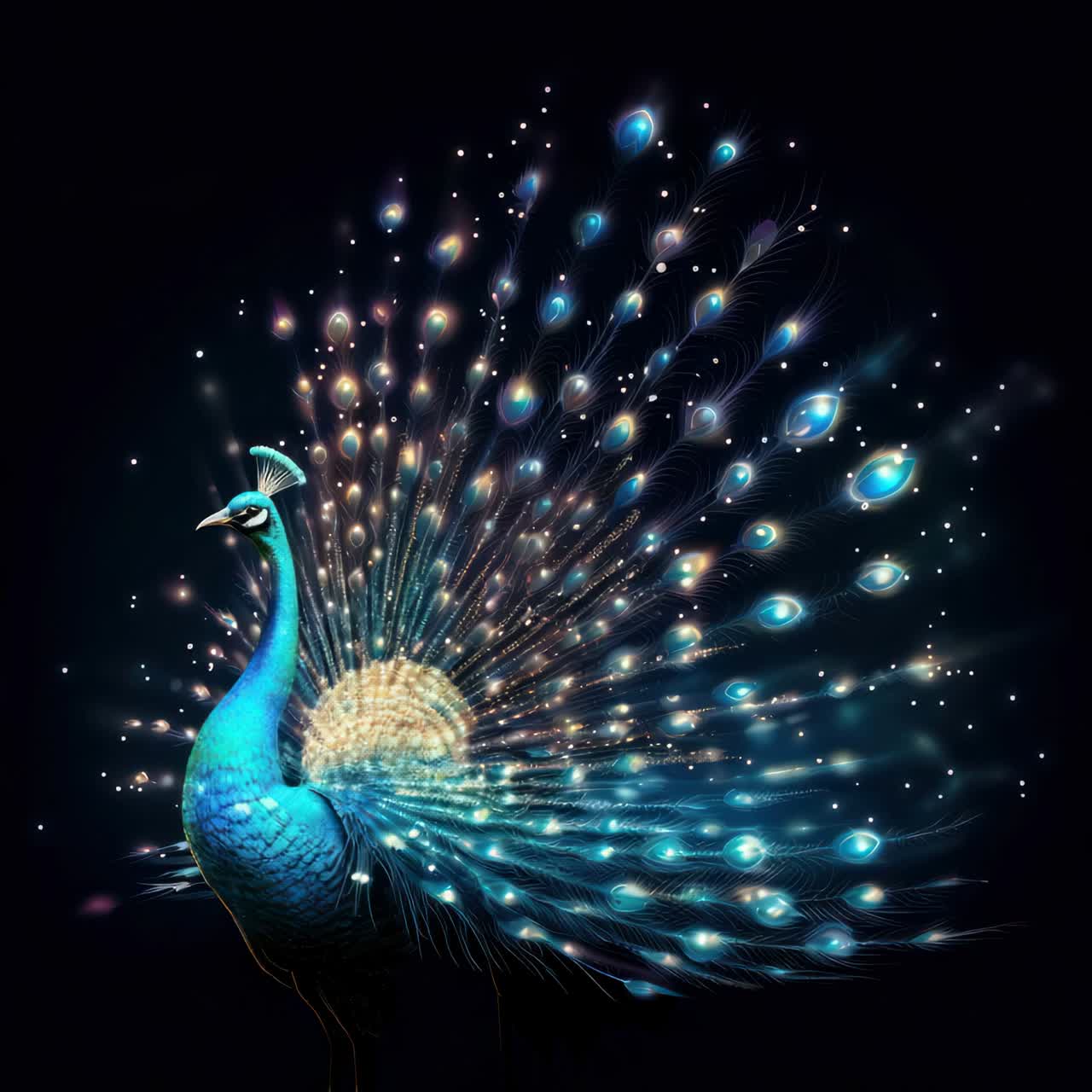 A vibrant peacock with illuminated feathers spreads its tail in a side angle shot