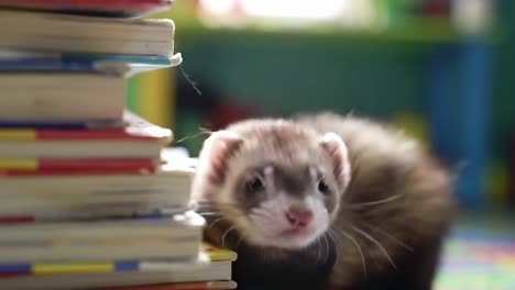 a ferret's curious adventure among colorful books and playful surroundings: discovering the joy of exploration in a whimsical environment