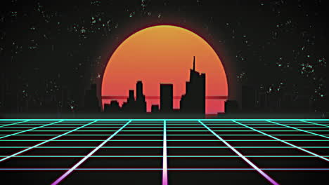 texto de venta flash sobre formas abstractas contra la red de cuadrícula y el banner del paisaje urbano sobre fondo negro