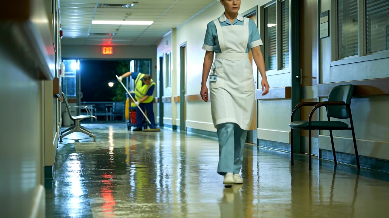 Beginnend mit einem wischenden Hausmeister, bewegt sich eine gehende Krankenschwester in hellblauen Kasacks einen Krankenhausflur entlang.