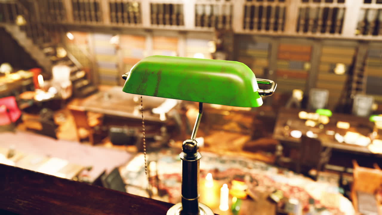 오래된 도서관의 복잡한 세부 사항을 빈티지 램프로 탐구합니다.