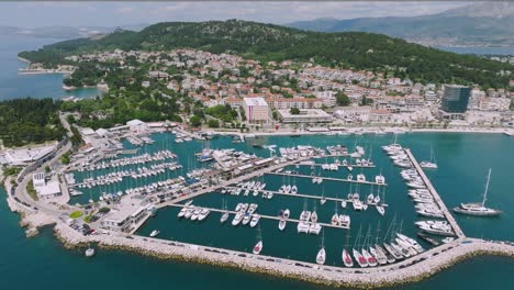 Astounding-Aerial-View-Of-Two-Large-Harbour-With-Boats-Parked-During-Daytime-In-The-City-Of-Split-In-Croatia