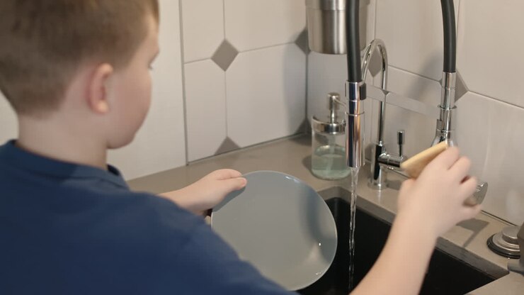 Child washing dishes in a kitchen