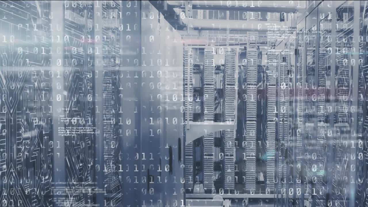 Animation of network of icons and connections, data processing and digital information in a server r