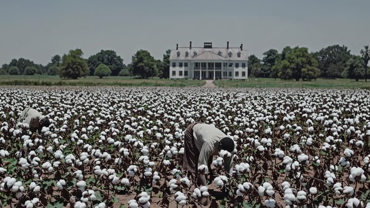 Wide-angle shot of workers in a cotton field with a plantation house in the background