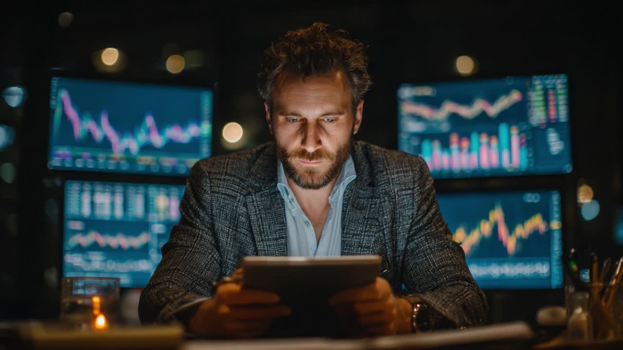 An Analytical Professional Engaged with Data on a Tablet Amidst a Vibrant Display of Financial Charts and Graphs Illuminated by Ambient Lighting in a Modern Workspace