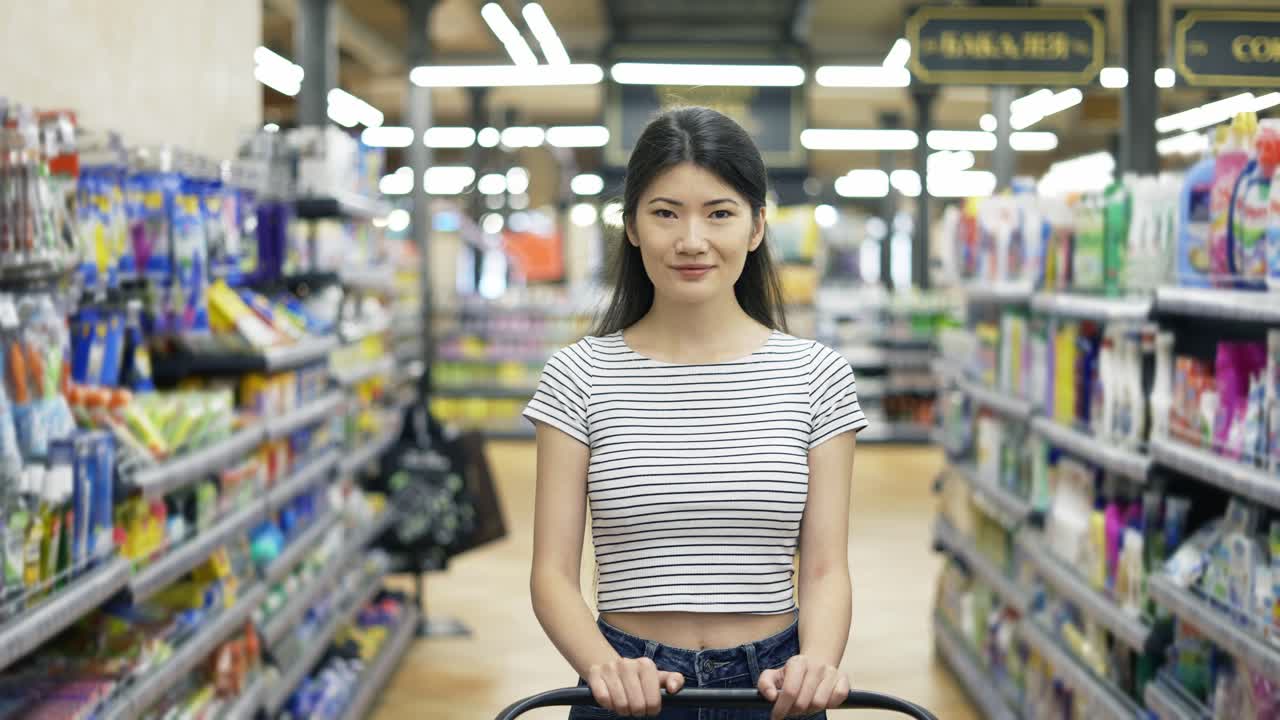 행복 한 아시아 소녀 는 쇼핑 카트 를 들고 슈퍼마켓 을 돌아다니며 카메라 를 쳐다보고 있다. 쇼핑 여행. 일상 사업