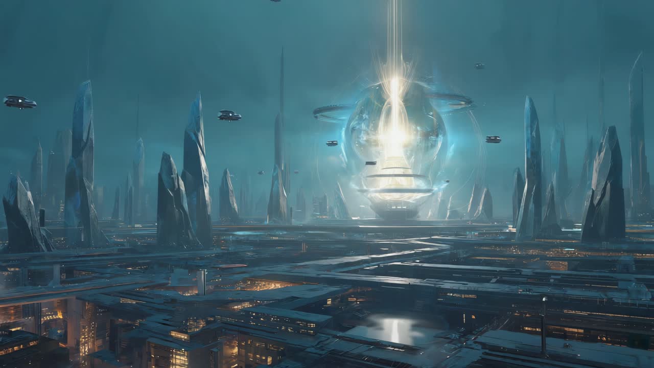 Futuristic Metropolis with Central Glowing Energy Core and Flying Vehicles