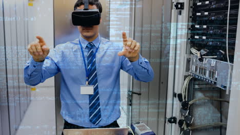 using virtual reality headset, man interacting with digital interface in server room