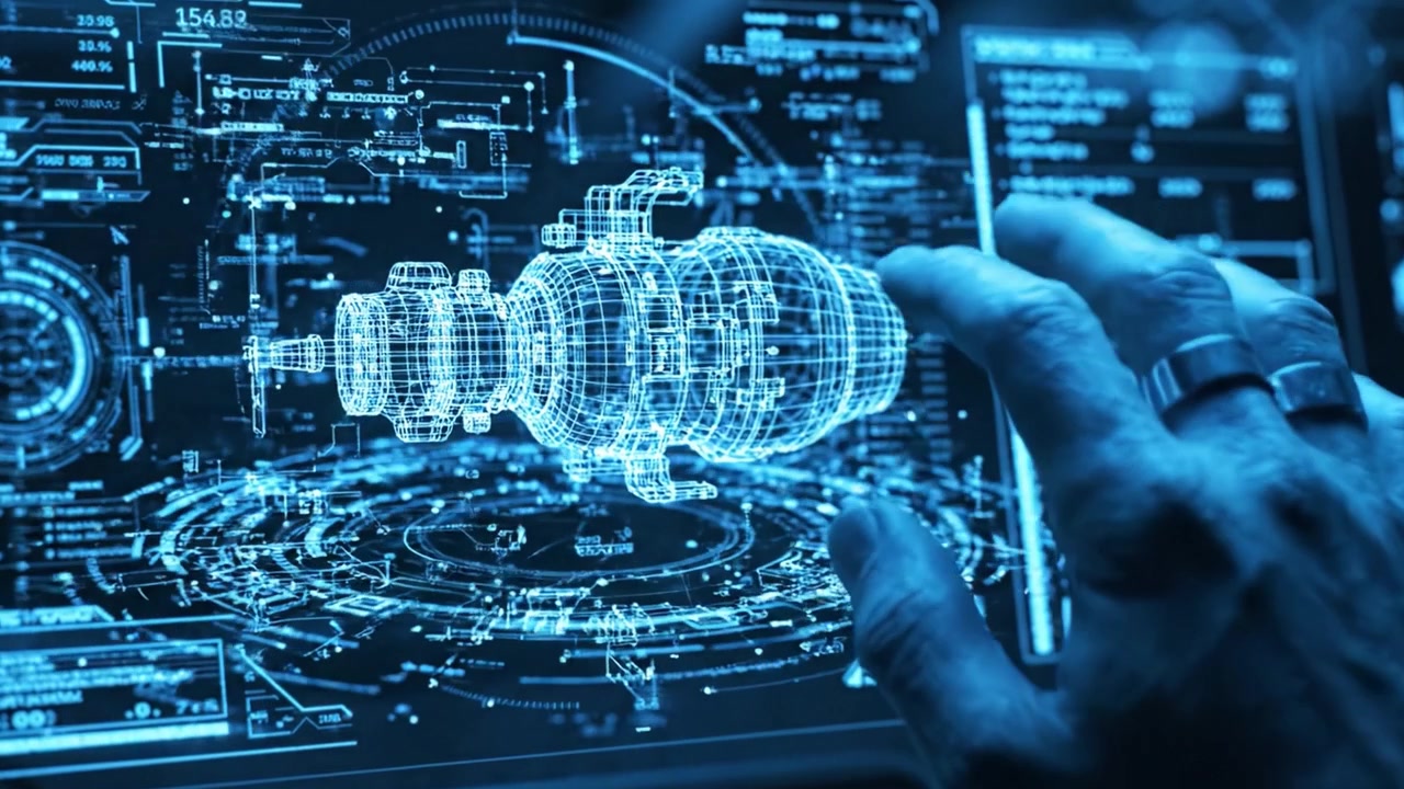 Futuristic Interface Displaying a High-Tech Engine Blueprint and Data Analytics in a Sleek Digital Environment with Glowing Blue Elements