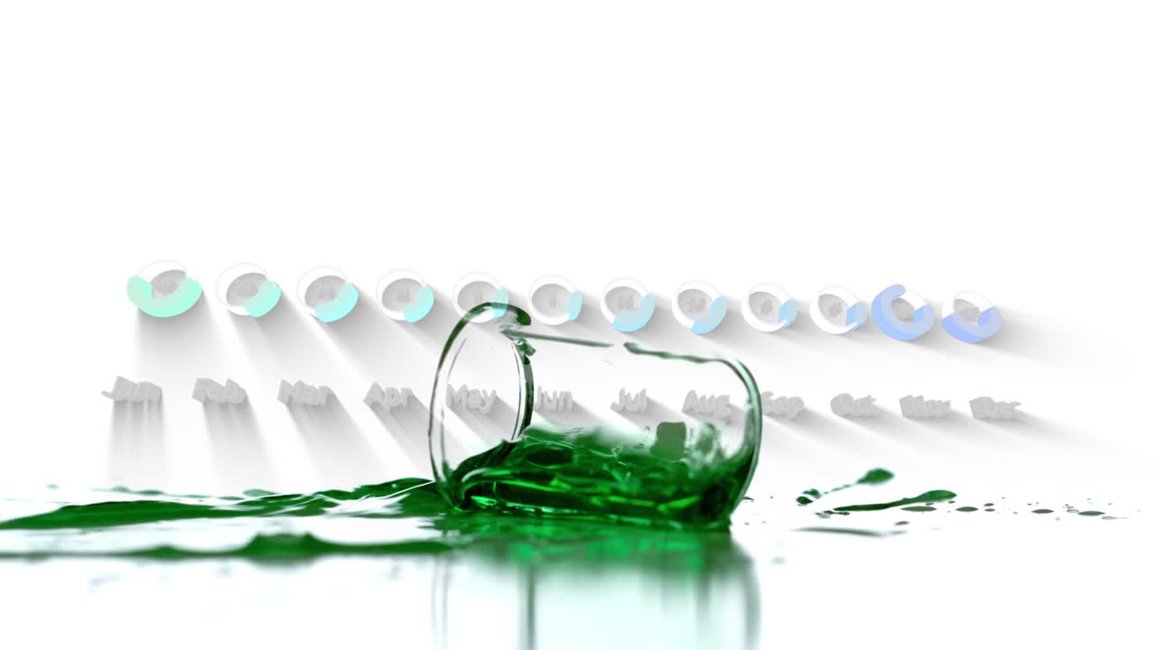 액체로 된 컵 위의 데이터 처리의 애니메이션