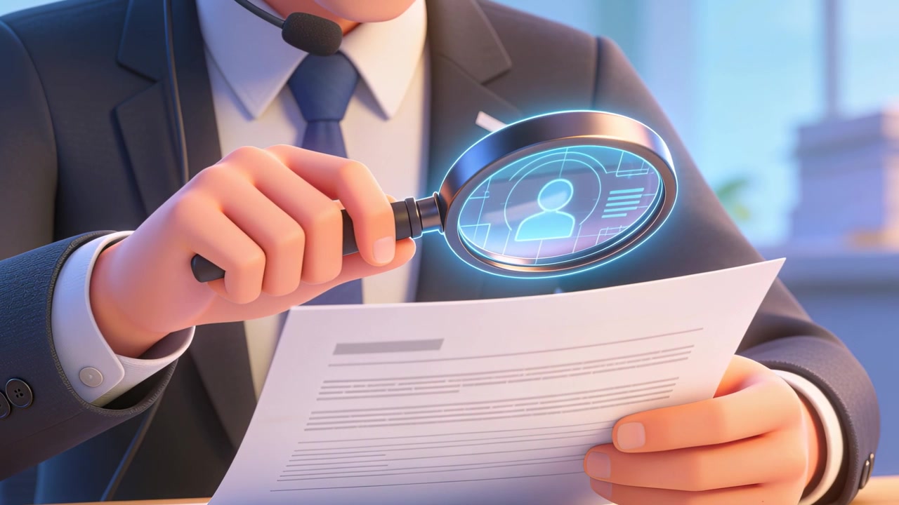 Obiettivo basculante, uomo in abito e cravatta con cuffie che scansiona documenti alla scrivania, verificando un profilo olografico