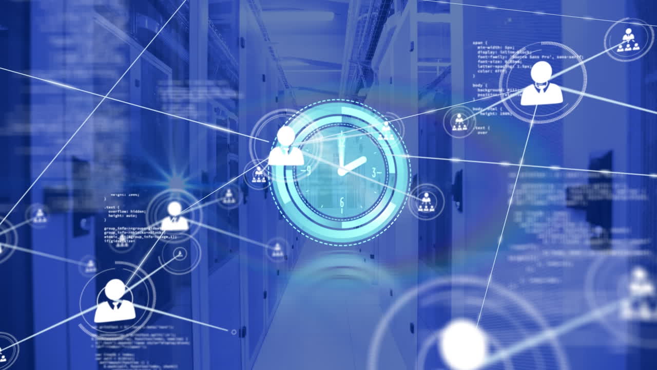 Animation of clock and network of connection with icons over server room