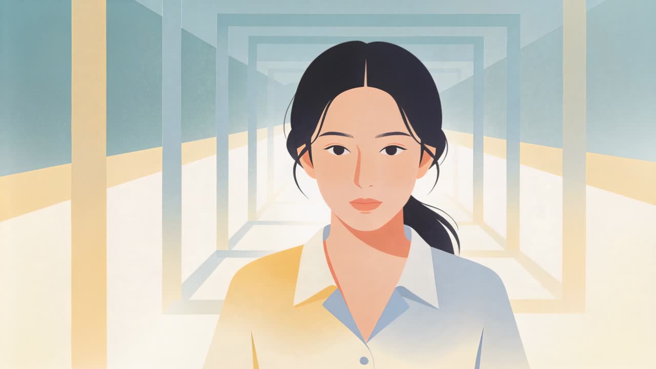 カメラが引いていくと、廊下で静止している女性が映し出され、襟付きのツートンカラーのシャツとポニーテールが見える。