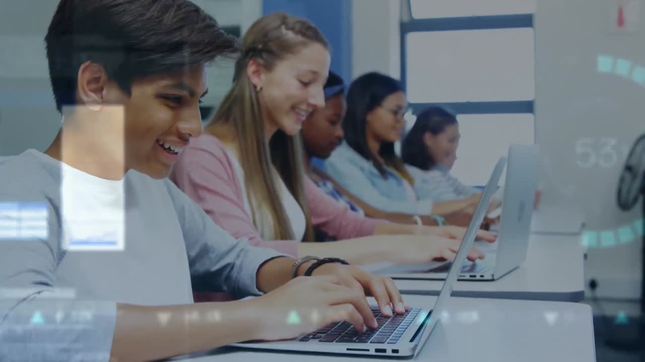 Animation of data processing over diverse students using laptop
