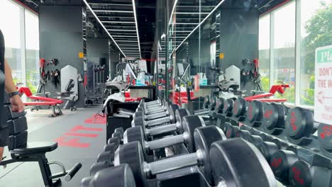 two men in a gym select dumbbells for a bicep workout. bright lighting and modern equipment create an energetic atmosphere