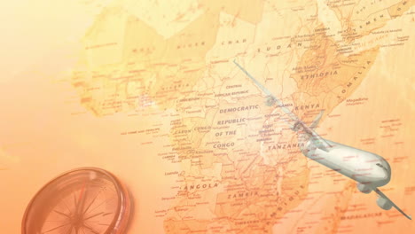 animation of plane flying over compass and map of africa