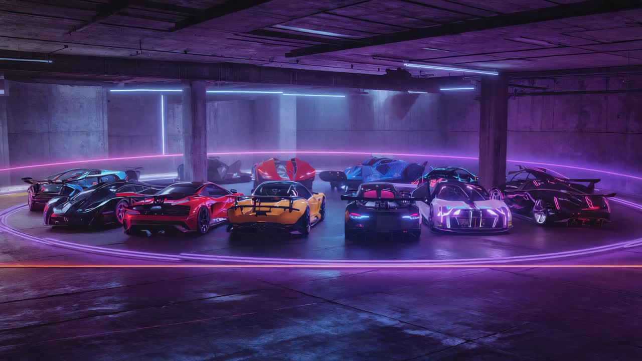 Futuristic Sports Cars in Neon-Lit Garage