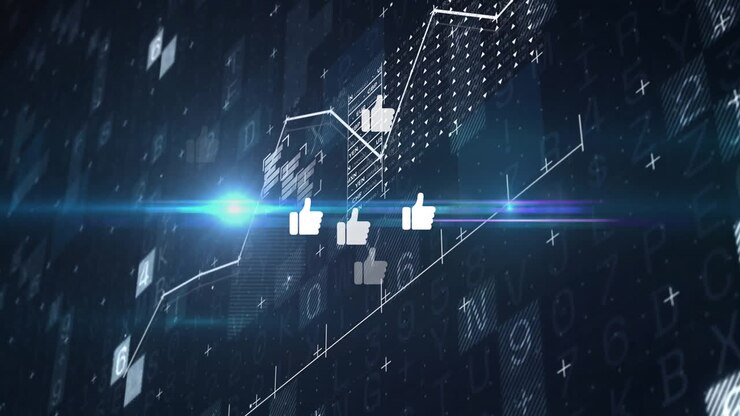 Animation of like icons over data processing on black background