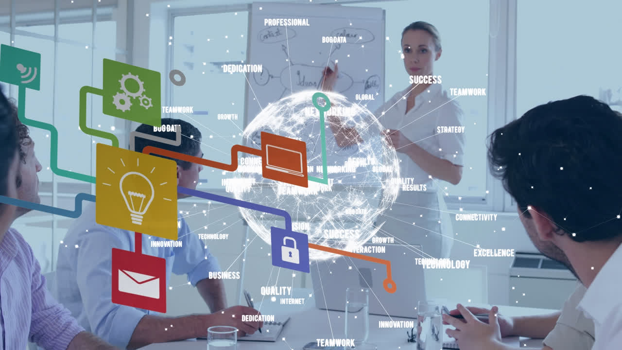 animación de la red de conexiones y el mundo sobre diversas personas de negocios