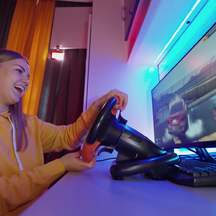 . Girl playing video game. Teenage girl playing driving simulator game
