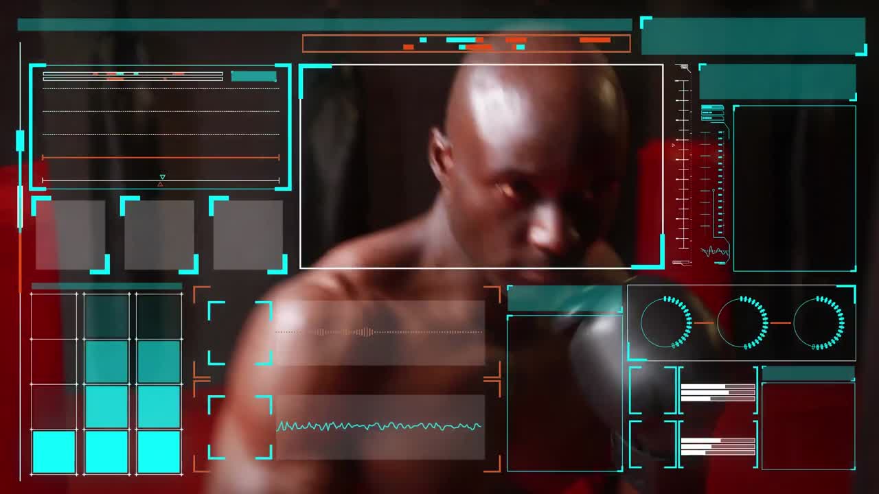 Animation of data and statistics processing over african american man exercising