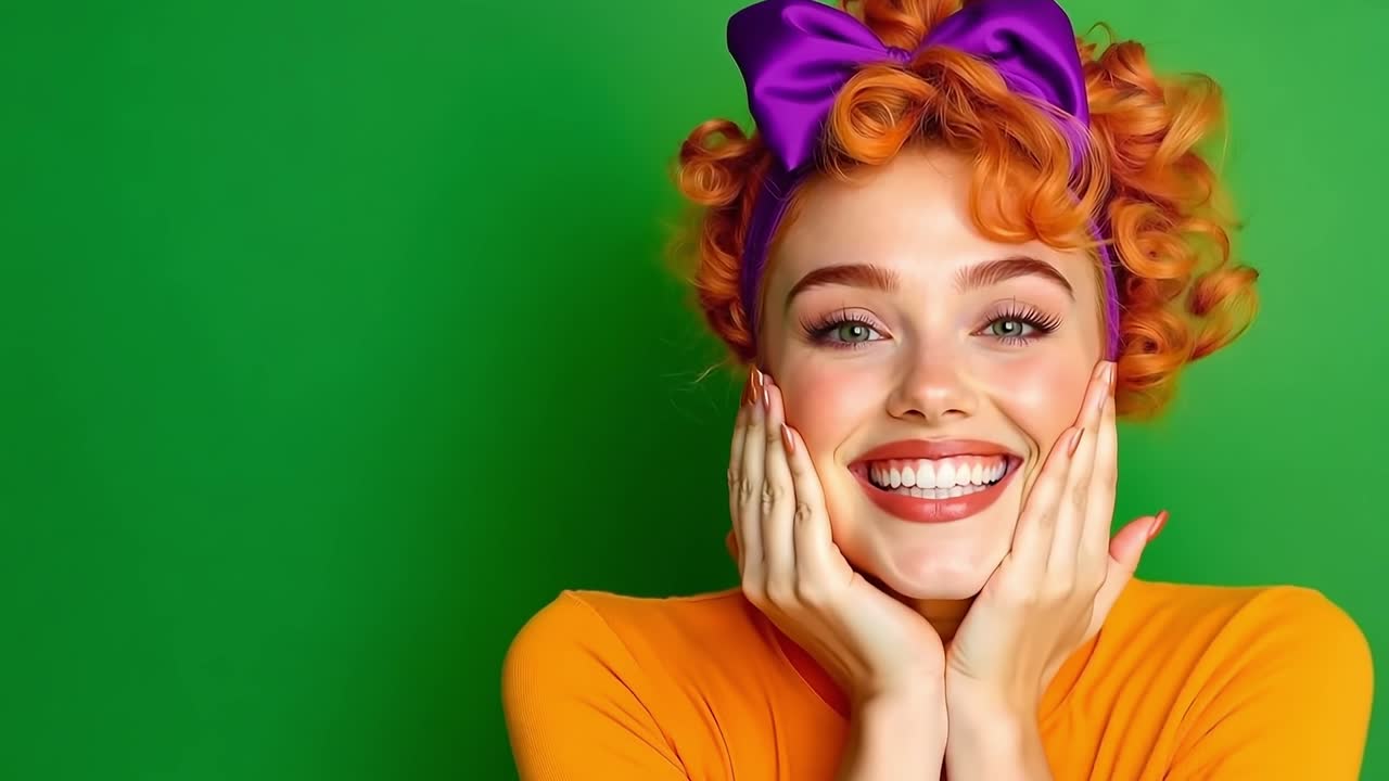 그녀의 머리에 보라색 활을 가진 여자가 미소 짓고 그녀의 얼굴에 그녀의 손을 들고